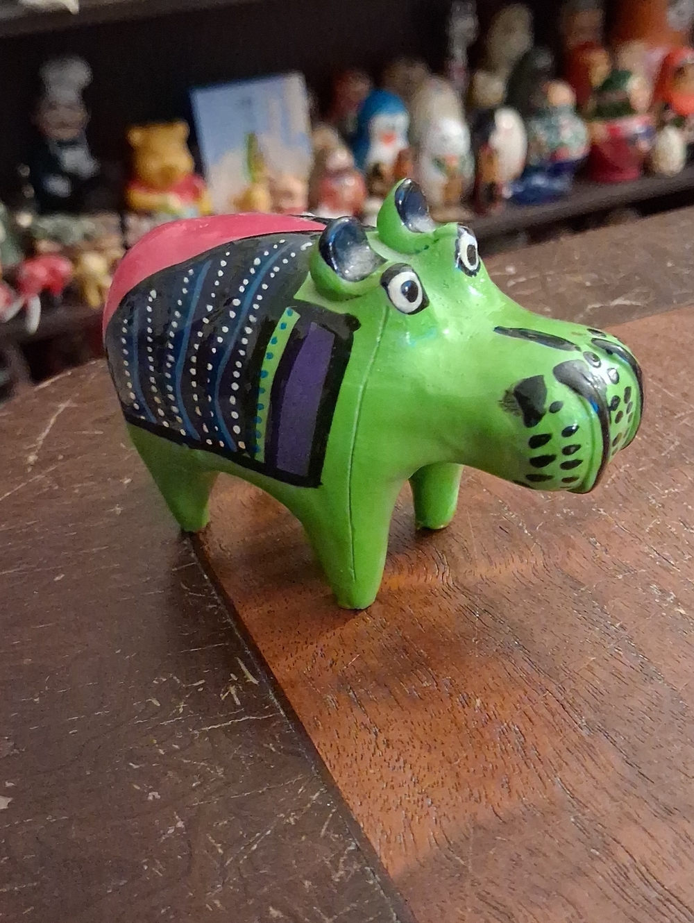 Handpainted Green Hippo Figurine with Black & Purple Accents